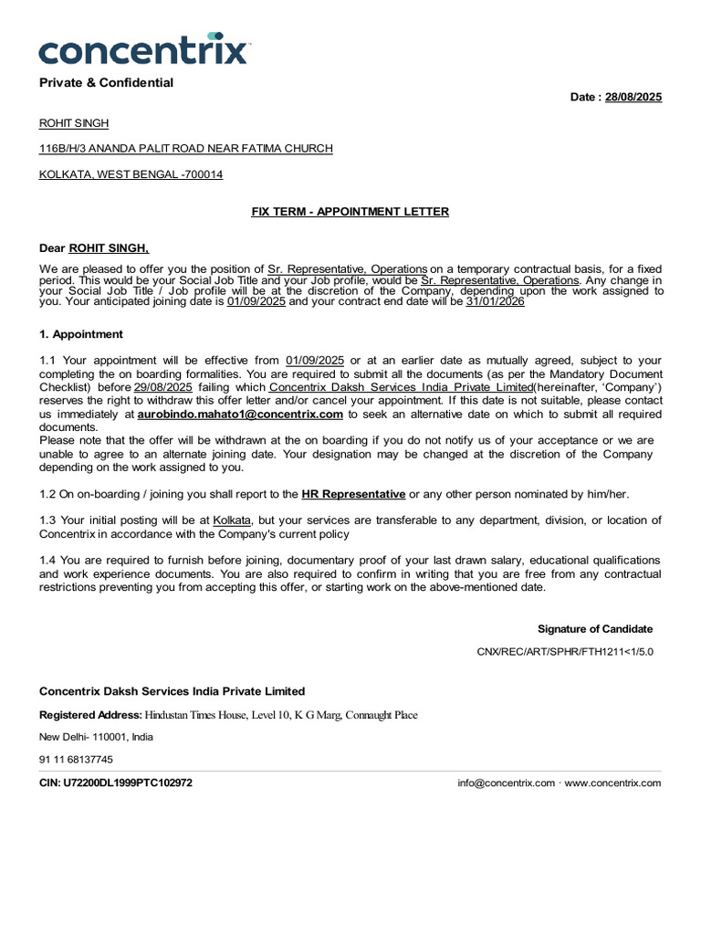 Fixed-Term Appointment Letter for Rohit Singh | PDF | Government | Justice