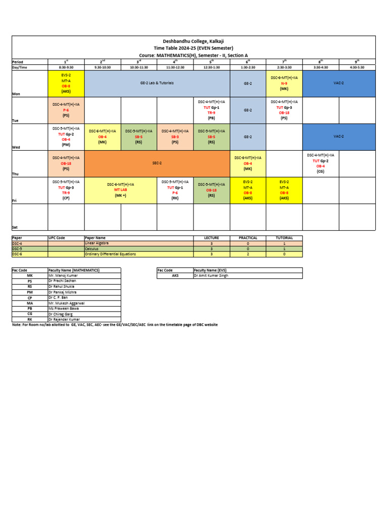 Deshbandhu College 2024-25 Math Timetable | PDF | Algebra | Mathematics