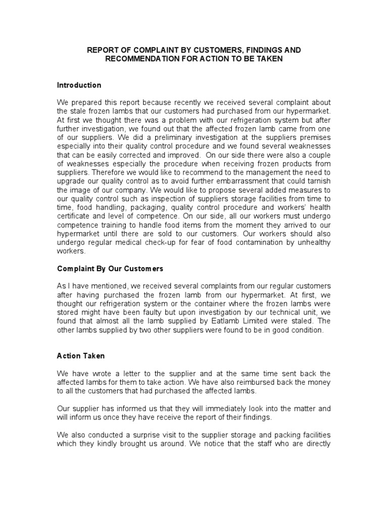 Frozen Lamb Complaint Report & Recommendations | PDF | Supply Chain ...