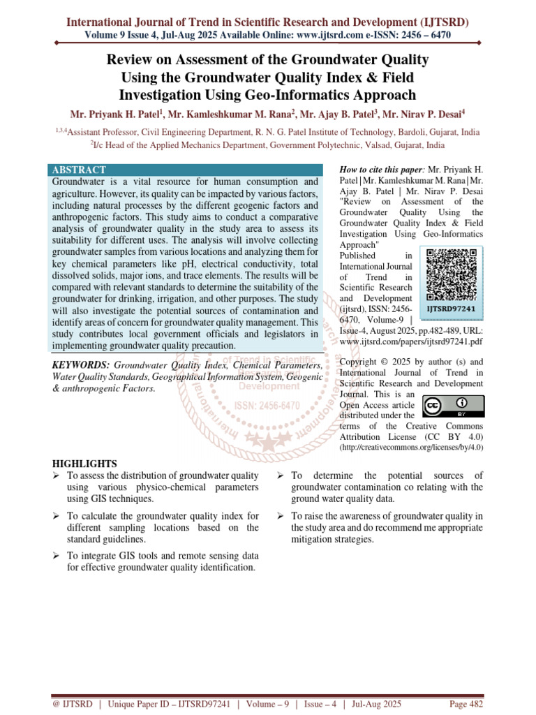 Review On Assessment of The Groundwater Quality Using The Groundwater ...
