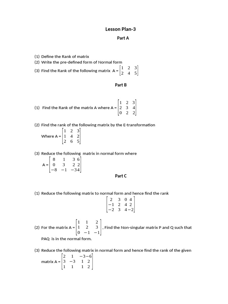 Matrix Rank and Normal Form Lesson Plan | PDF