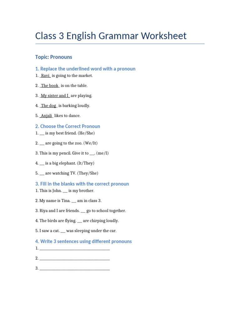 Class 3 Pronouns Worksheet | PDF