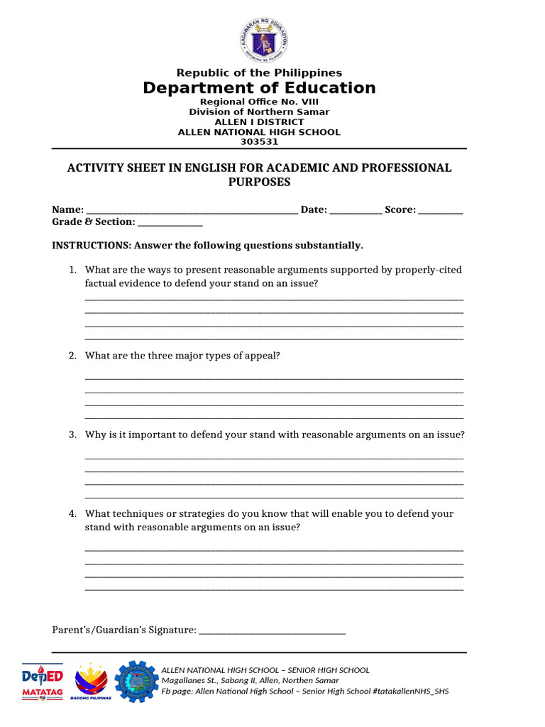 English Activity Sheet for Argumentation | PDF