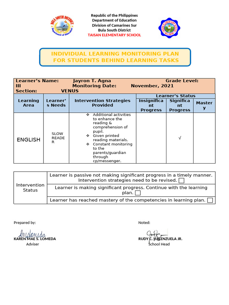 Individual Learning Monitoring Plan | PDF | Human Communication | Pedagogy