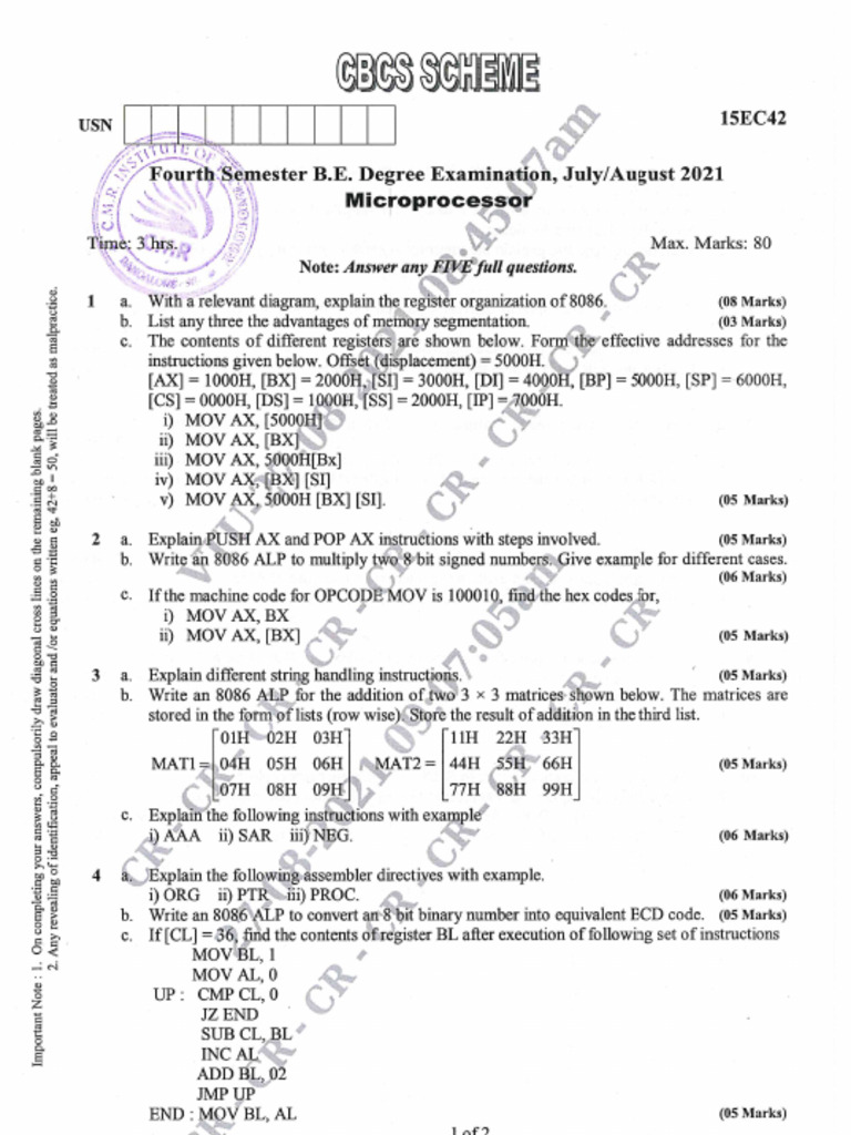 VTU Question Paper of 15EC42 Microprocessor Aug-2021 | PDF