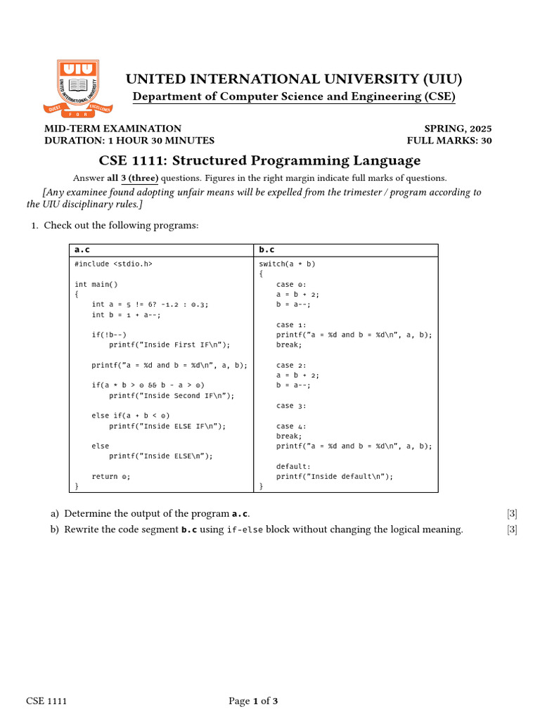 UIU CSE 1111 Mid-Term Exam Spring 2025 | PDF | Software Development ...