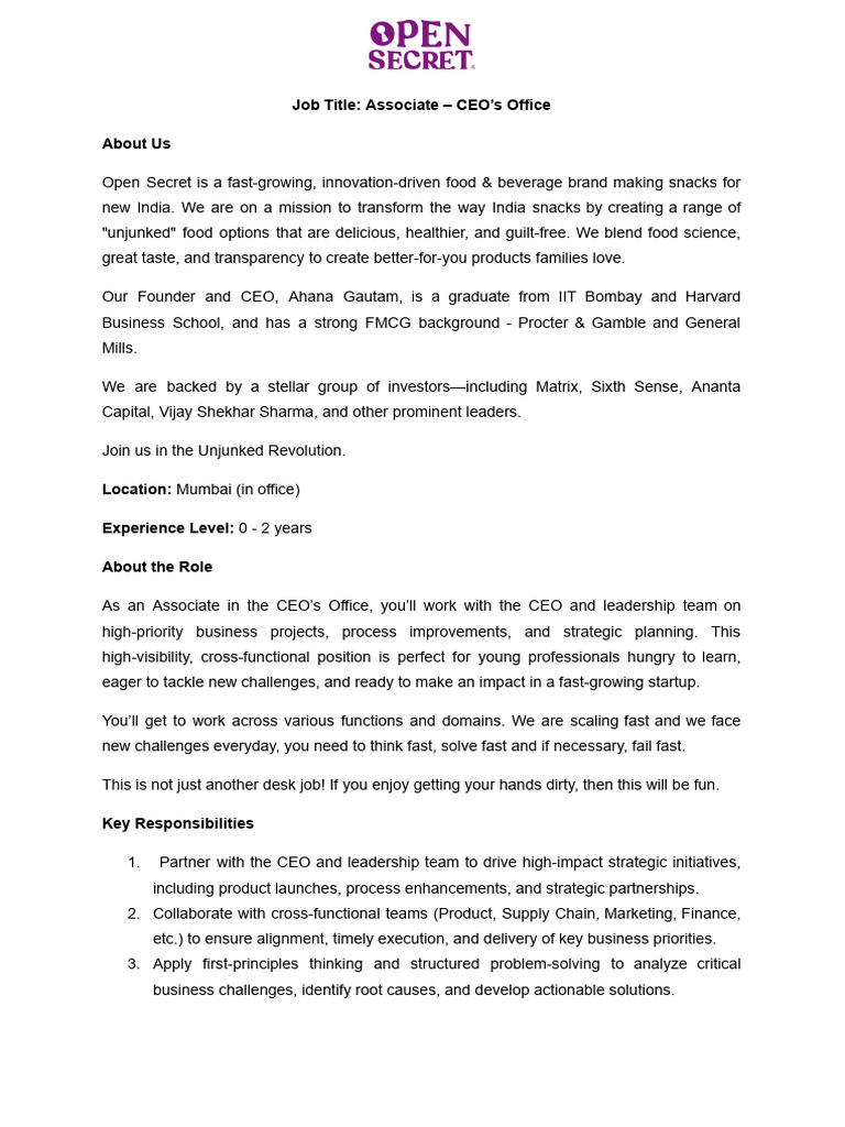 Associate Role in CEO's Office at Open Secret | PDF | Startup Company ...