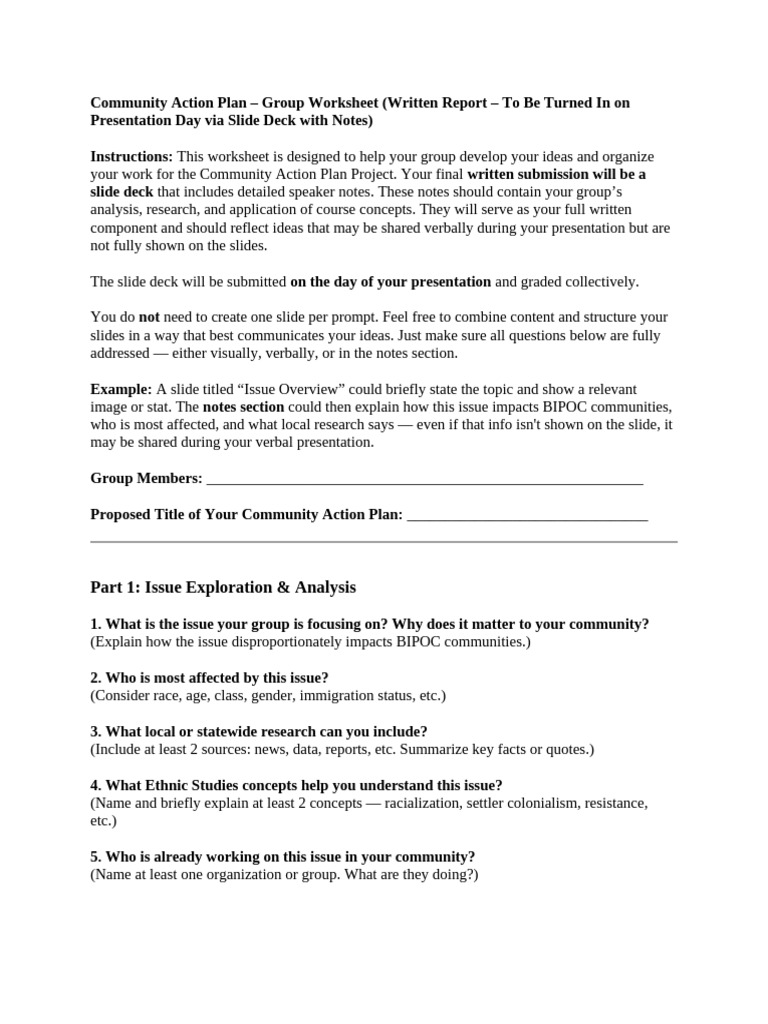 Community Action Plan Group Worksheet | PDF | Communication | Human ...