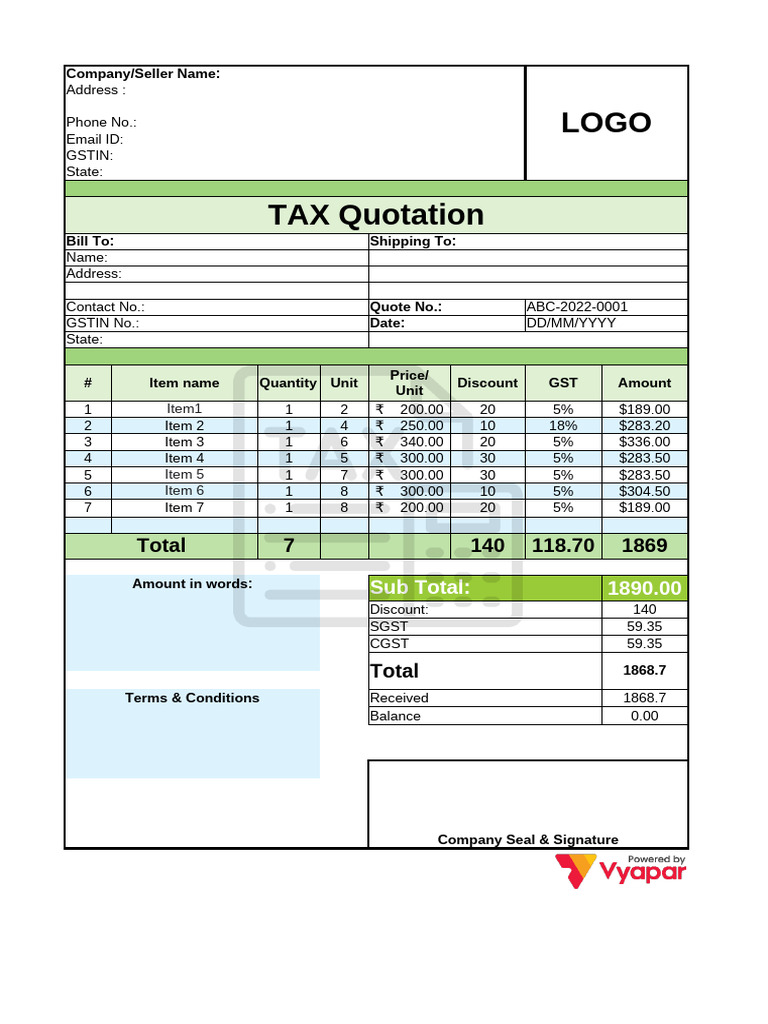 GST Bill Quotation Template | PDF