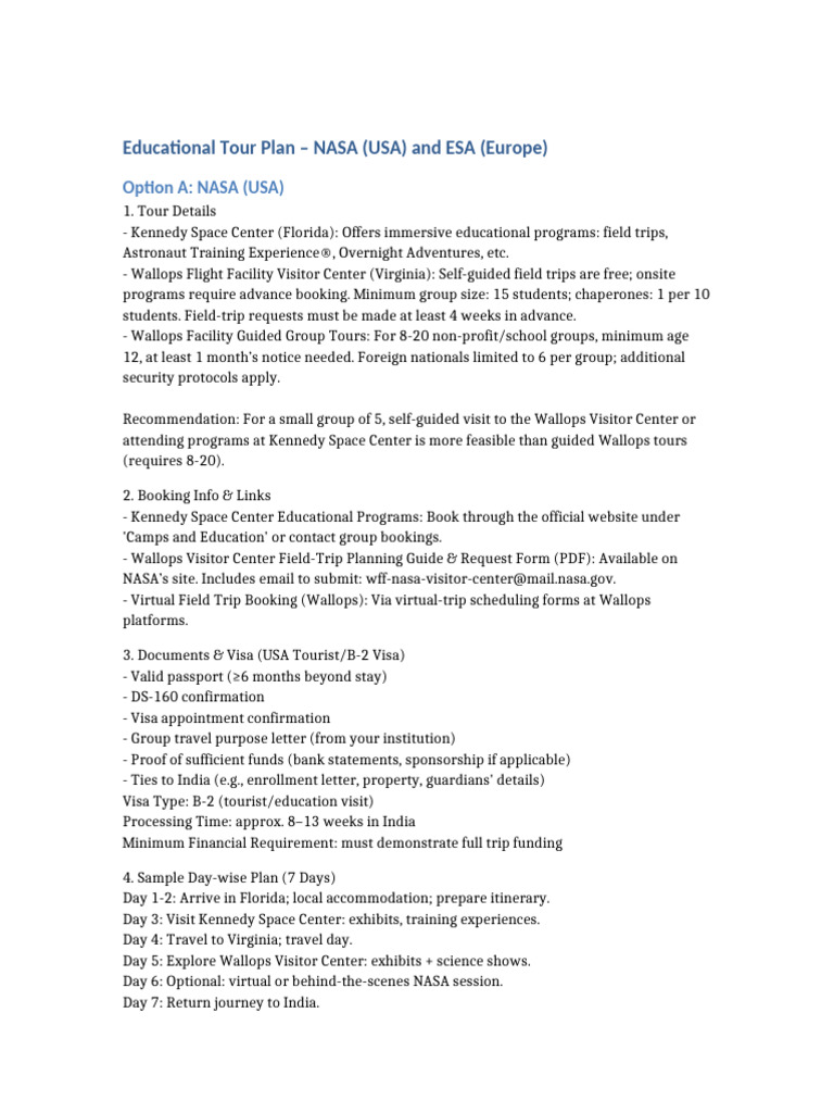 Educational Space Agency Tour Plan | PDF | Travel Visa | European Space ...