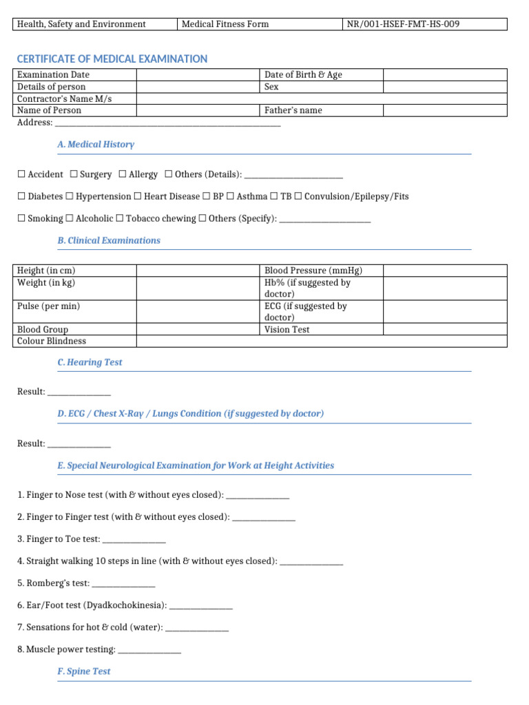 Medical Fitness Examination Form | PDF
