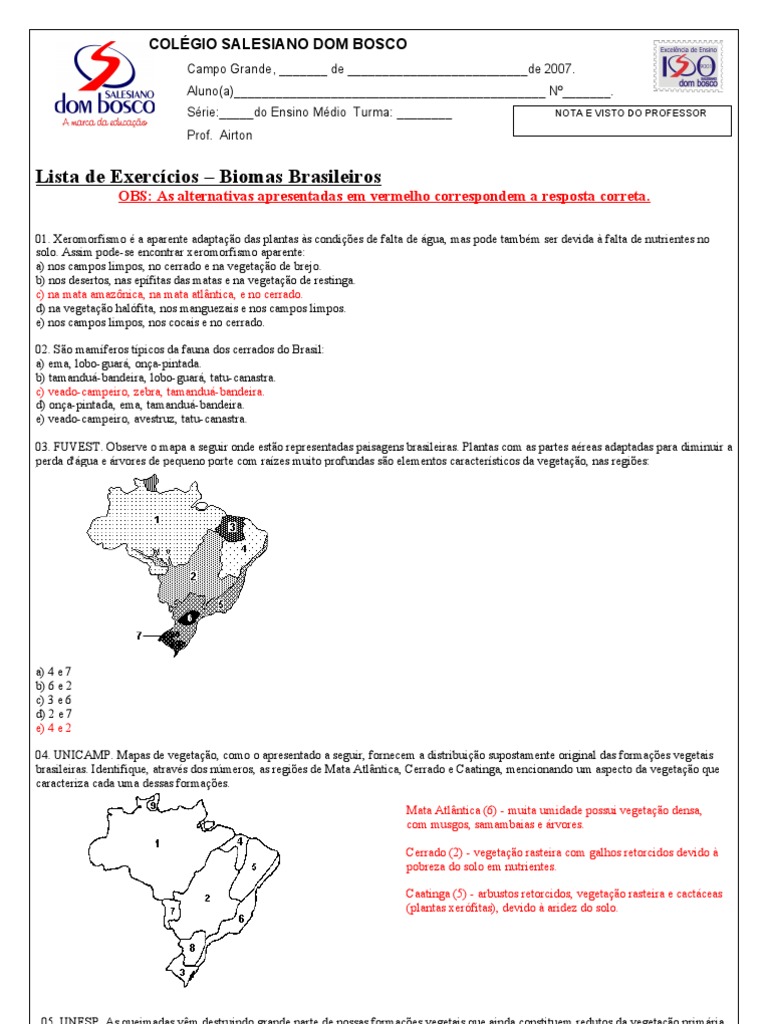 Exercícios sobre Biomas Brasileiros 7º Ano | PDF | Florestas | Floresta ...