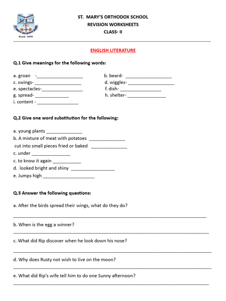 Class 2 English Revision Worksheets | PDF | Window (Computing ...