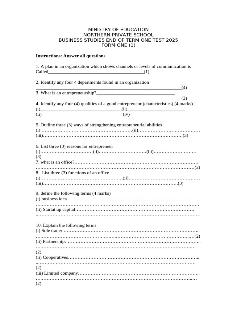 Business Studies Exam - Form One 2025 | PDF