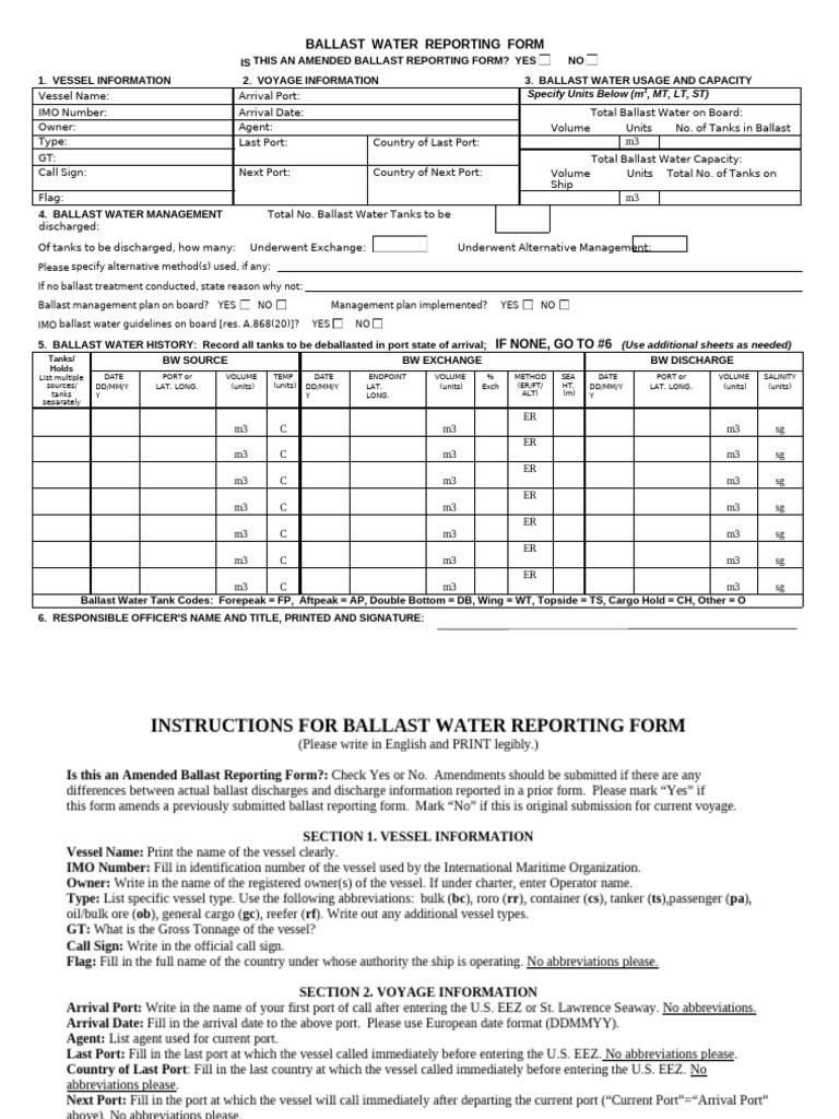 IMO Ballast Water Reporting Form 2025 | PDF | Port | Water Transport