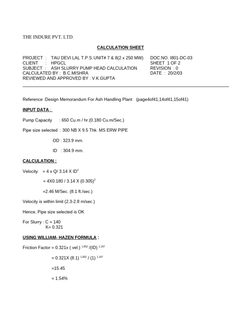 Ash Slurry Pump Head Calculation | PDF | Continuum Mechanics | Civil ...