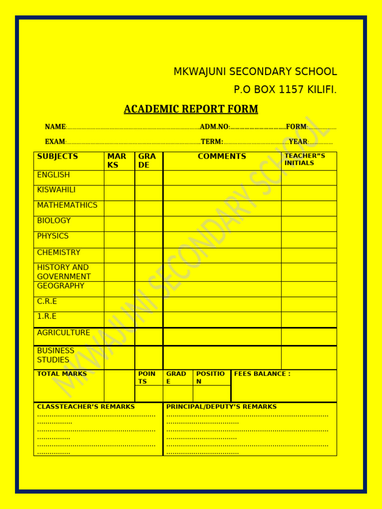 MKWAJUNI Secondary School Report Form | PDF