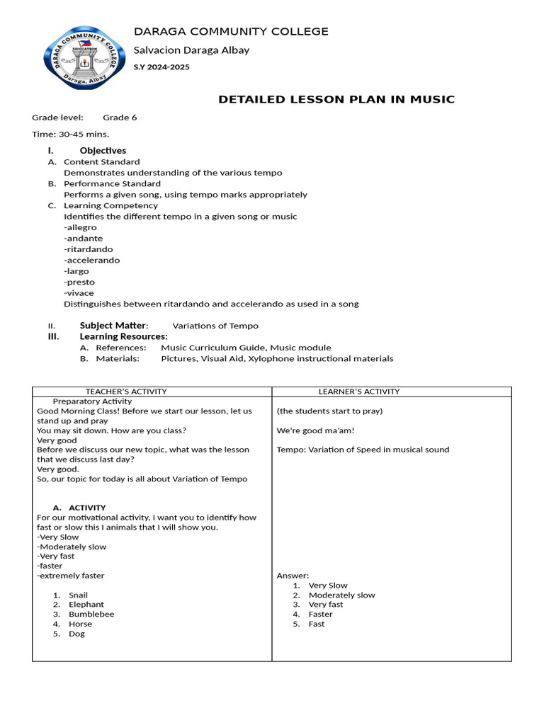Grade 6 Music Lesson: Understanding Tempo | PDF | Tempo | Musical Forms