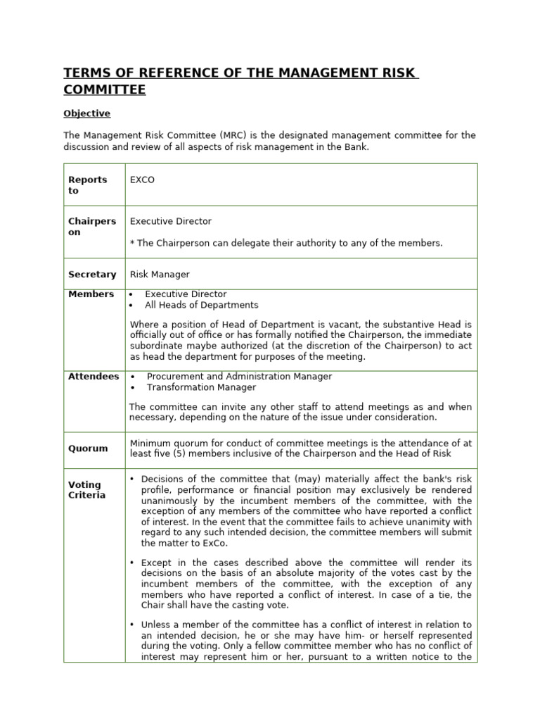 Management Risk Committee Terms of Reference | PDF | Committee | Risk