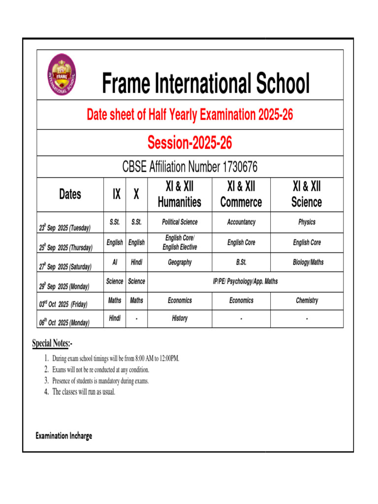 Date Sheet Half Yearly Exam | PDF