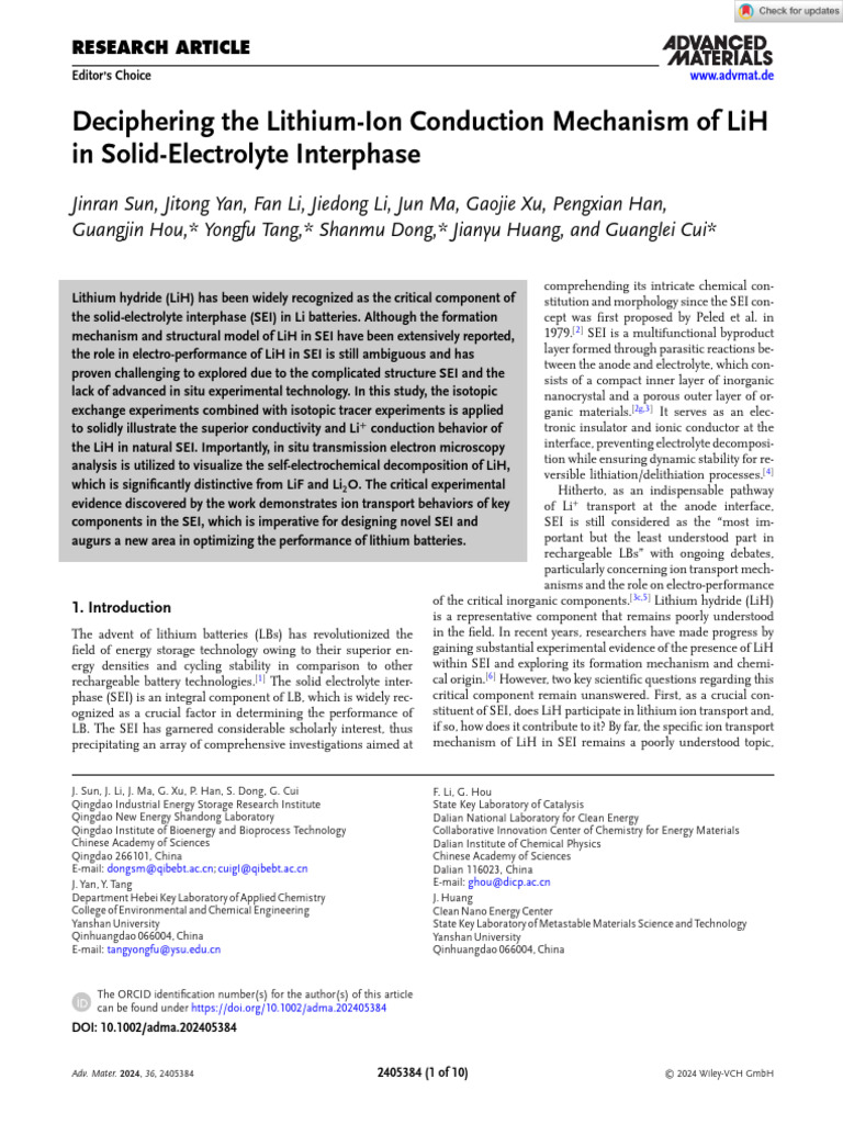 Advanced Materials - 2024 - Sun - Deciphering The Lithium Ion ...