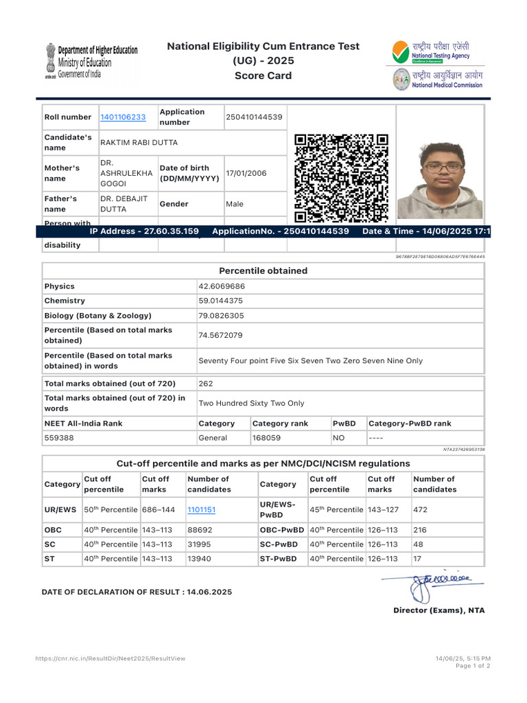 NEET UG 2025 Score Card Details | PDF | Educational Stages | Tests