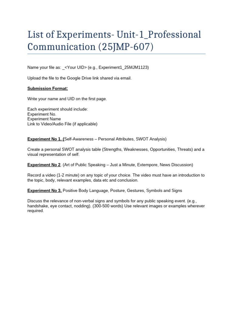 Professional Communication Experiments Guide | PDF