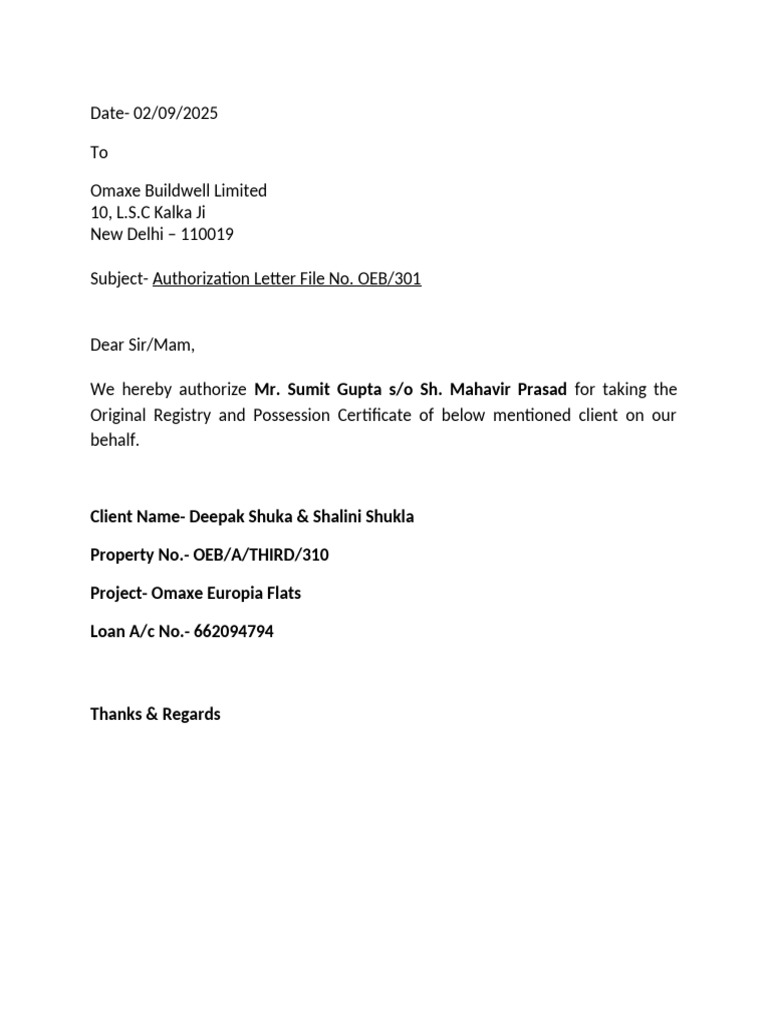 Authorization Letter for Property Retrieval | PDF