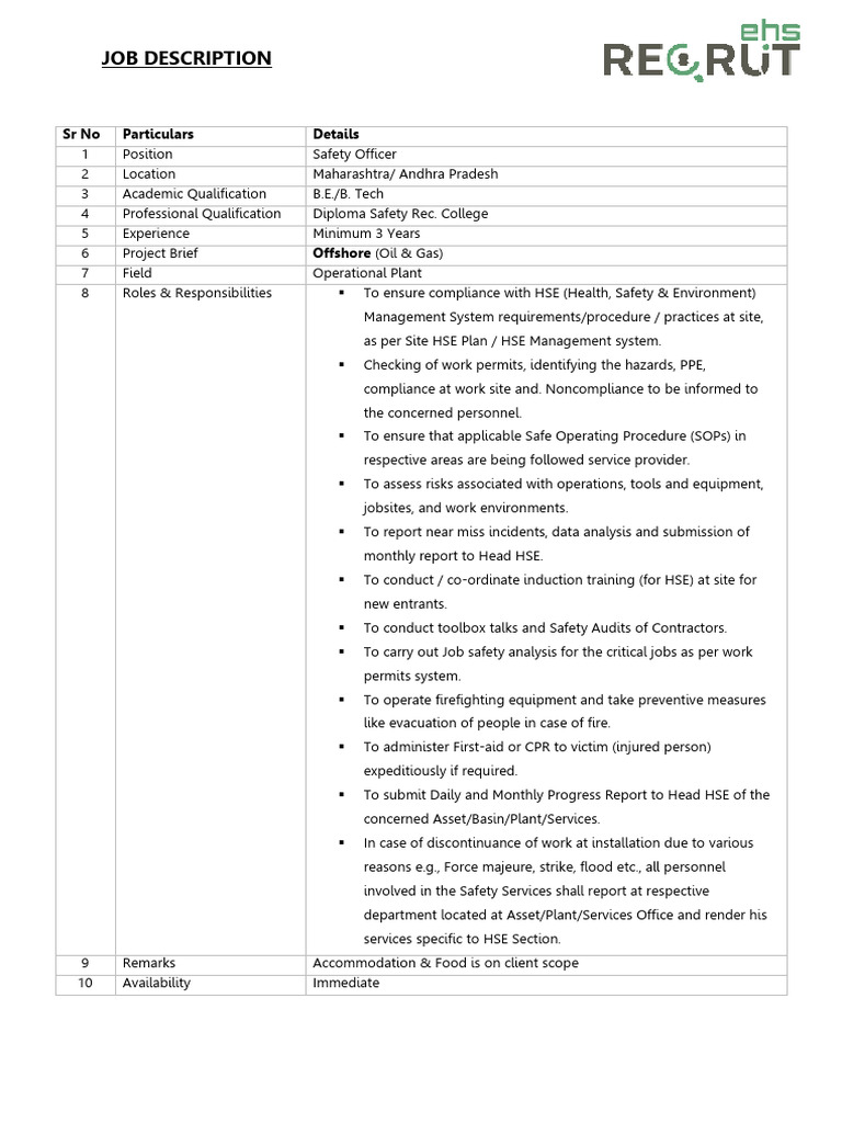 Safety Officer Job Description - Oil & Gas | PDF | Occupational Safety ...