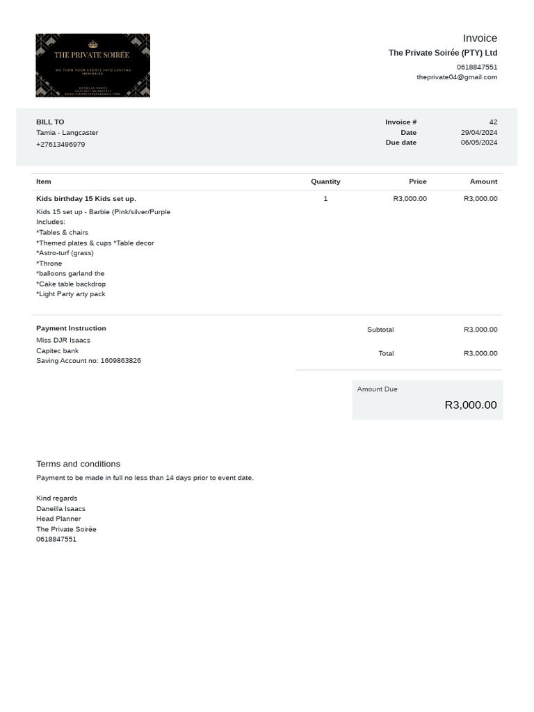 Kids Birthday Party Setup Invoice | PDF