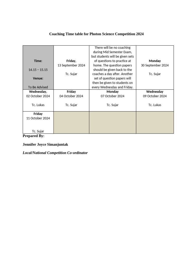 Photon Science Competition 2024 Coaching Schedule | PDF