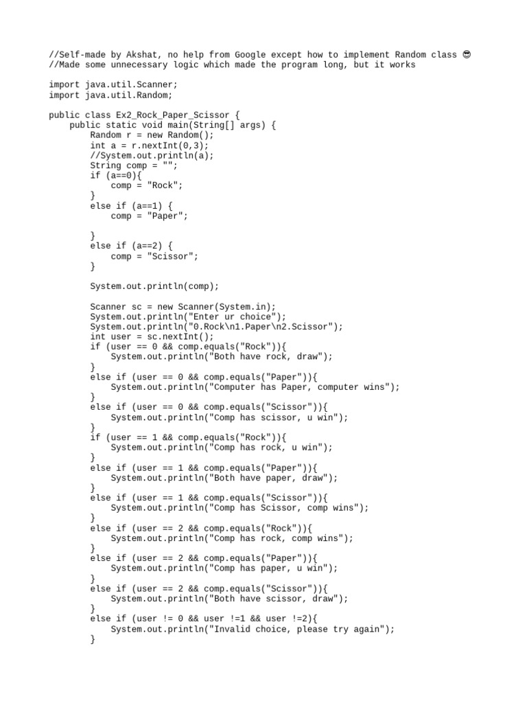 Java Rock Paper Scissors Game Code | PDF