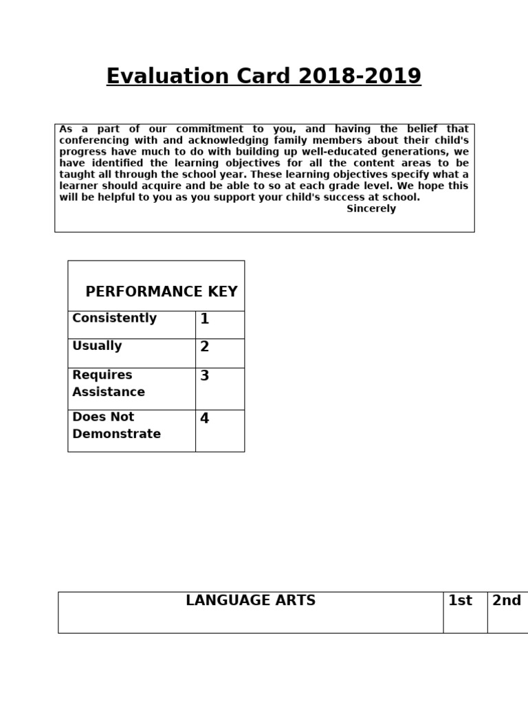 2018-2019 Student Evaluation Card | PDF | Vocabulary | Shape