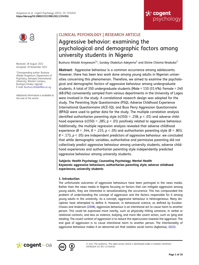 Aggressive Behavior in Nigerian University Students | PDF | Aggression ...