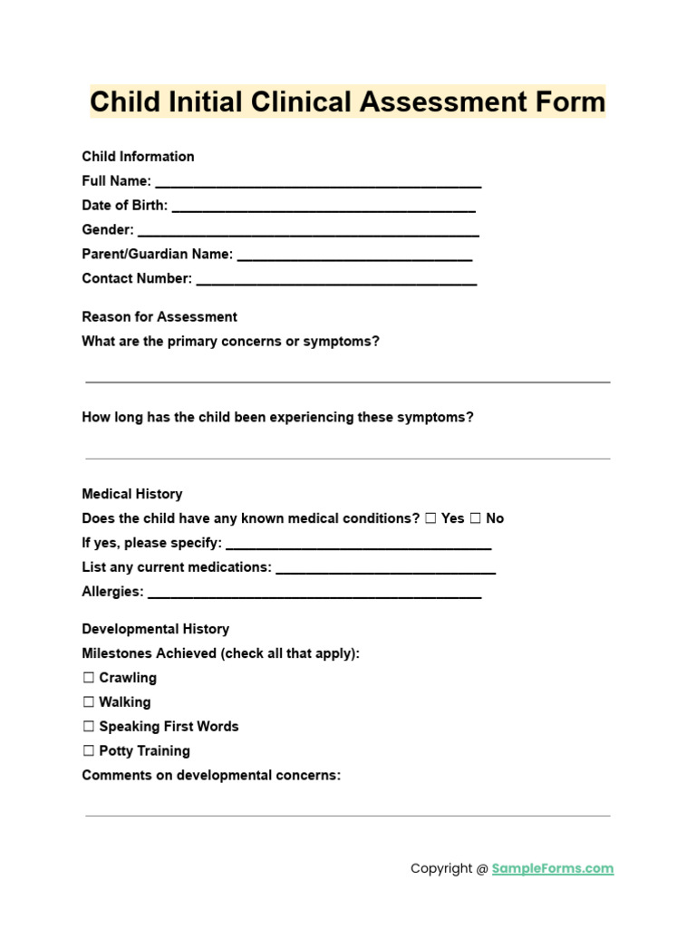 Child Clinical Assessment Form Template | PDF