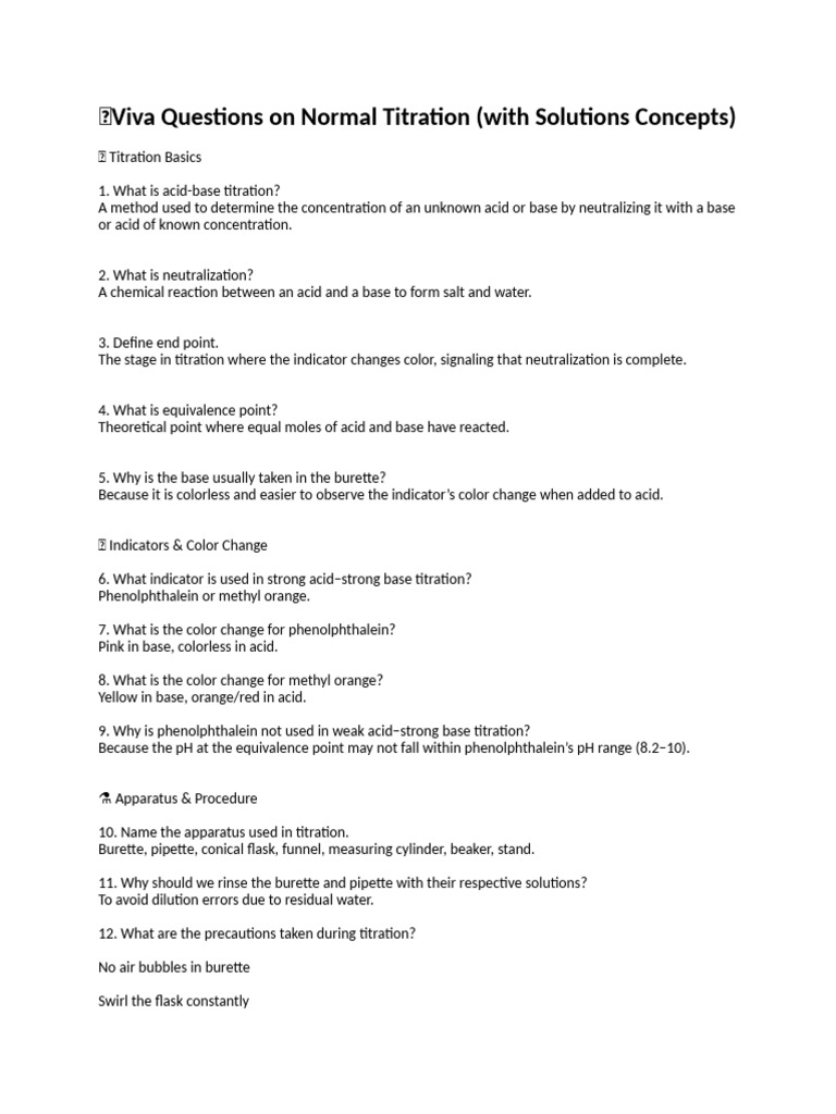 ?viva Questions On Normal Titration (With Solutions Concepts) | PDF ...
