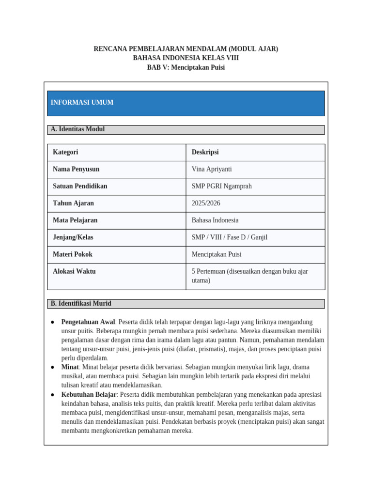 Modul Ajar Puisi Kelas VIII SMP | PDF