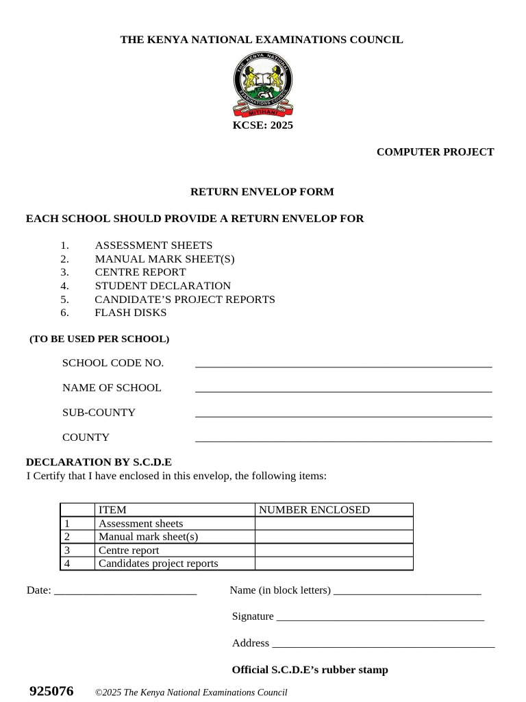 KCSE 2025 Computer Project Return Form | PDF