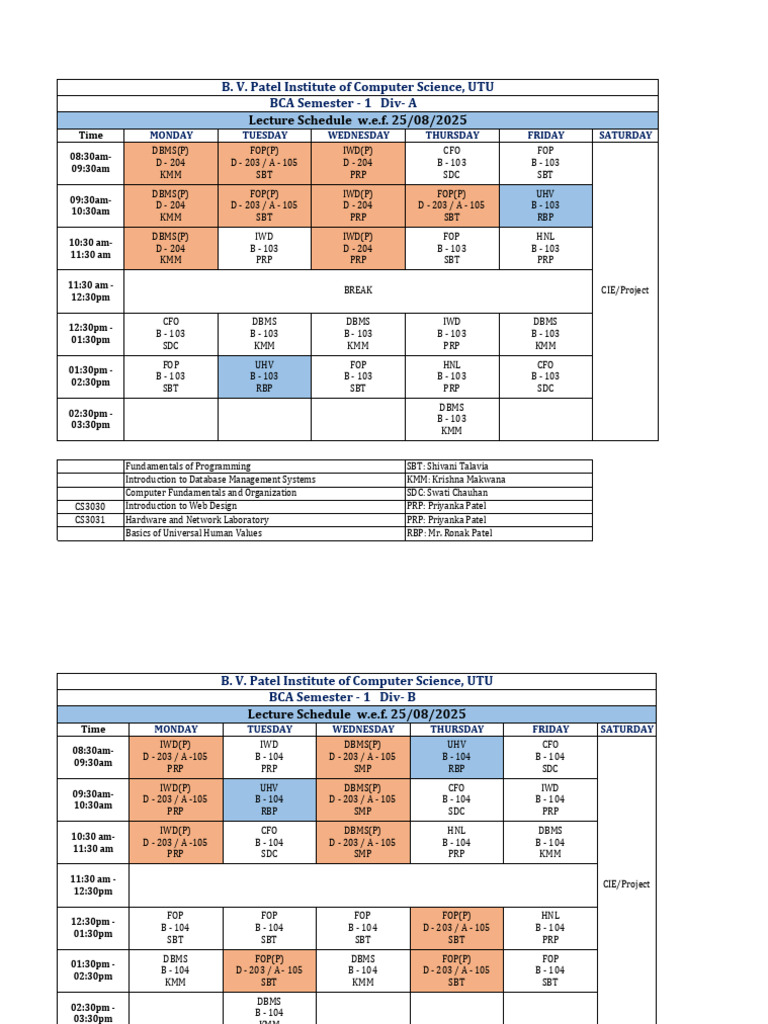 BCA Semester 1 Lecture Schedule | PDF | Computing | Information Technology