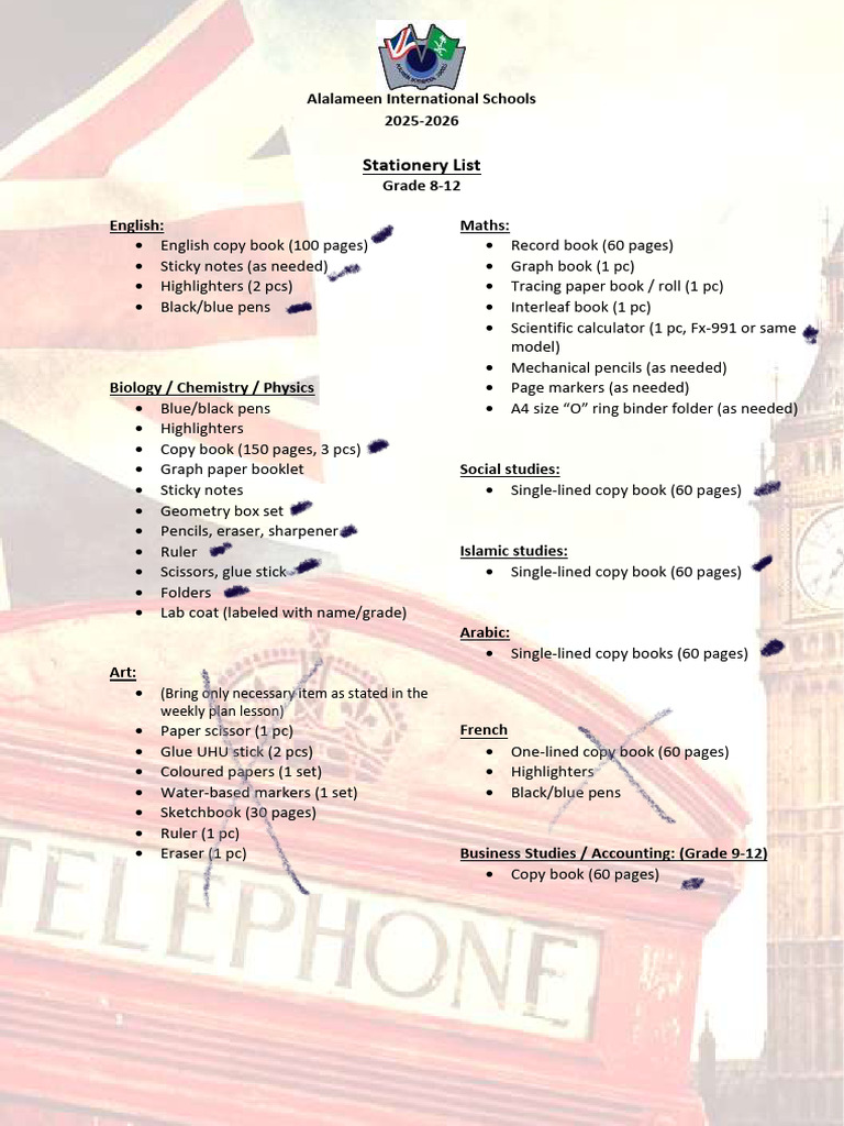 Grade 8 Stationery List 2025-2026 | PDF