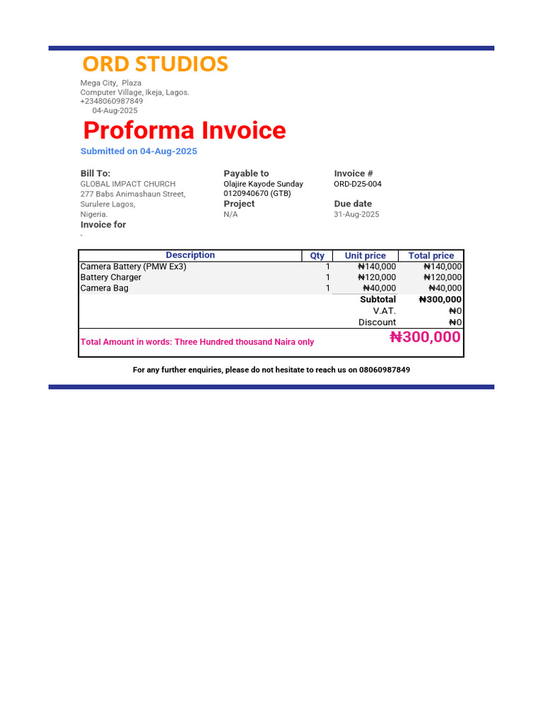 Proforma Invoice for Camera Equipment | PDF