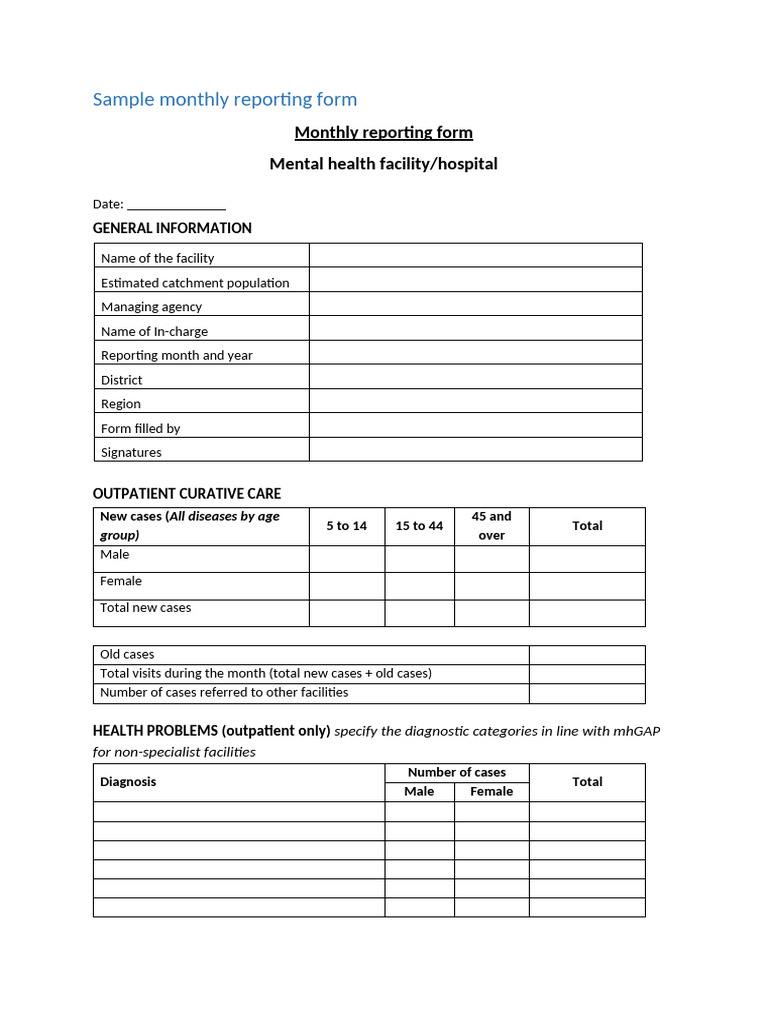 Monthly Mental Health Reporting Form | PDF | Patient | Clinical Medicine