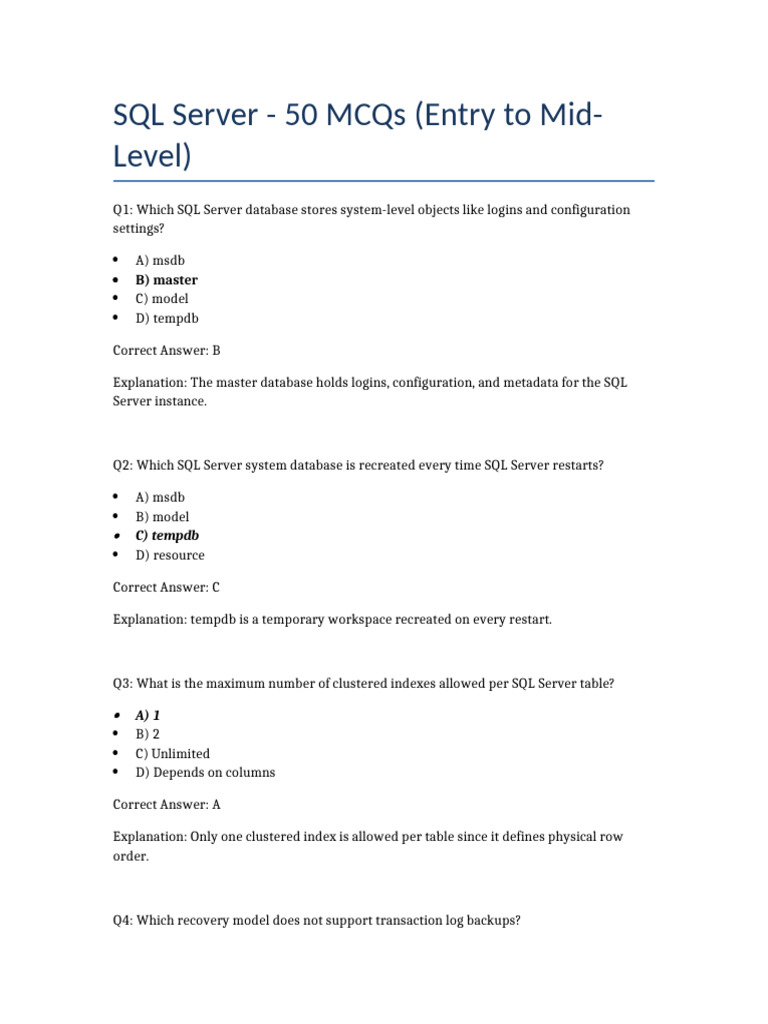 SQL Server MCQs for Entry to Mid-Level | PDF | Database Index ...