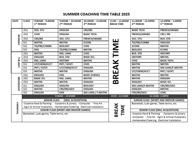 Summer Coaching Timetable 2025 | PDF
