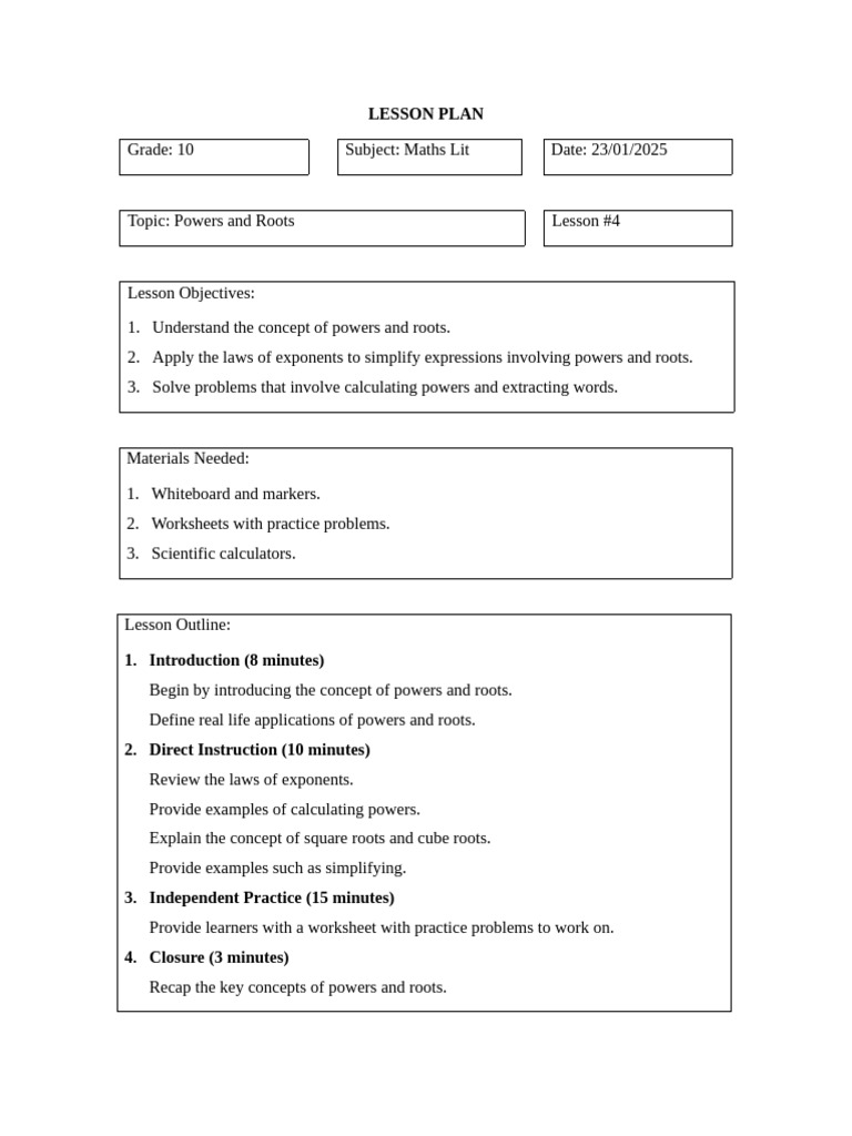 Powers and Roots Lesson Plan for Grade 10 | PDF