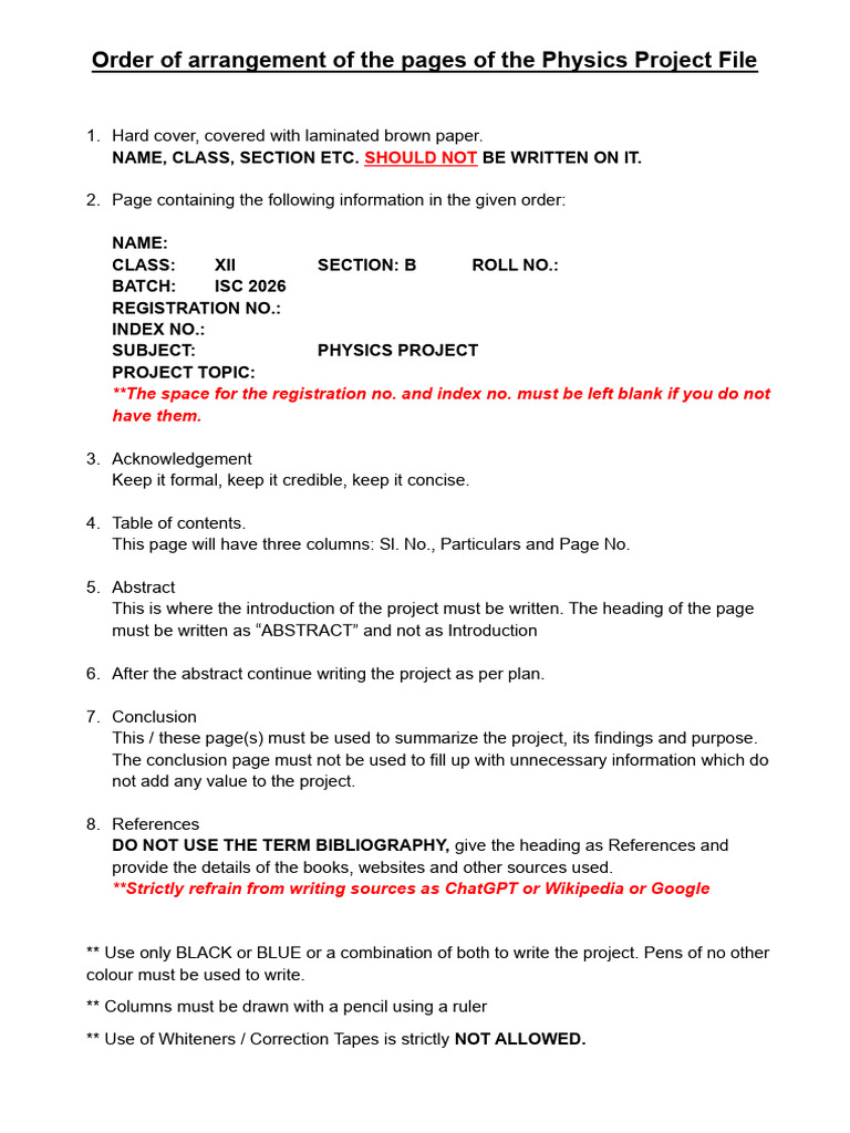 Physics Project File Arrangement Guide | PDF