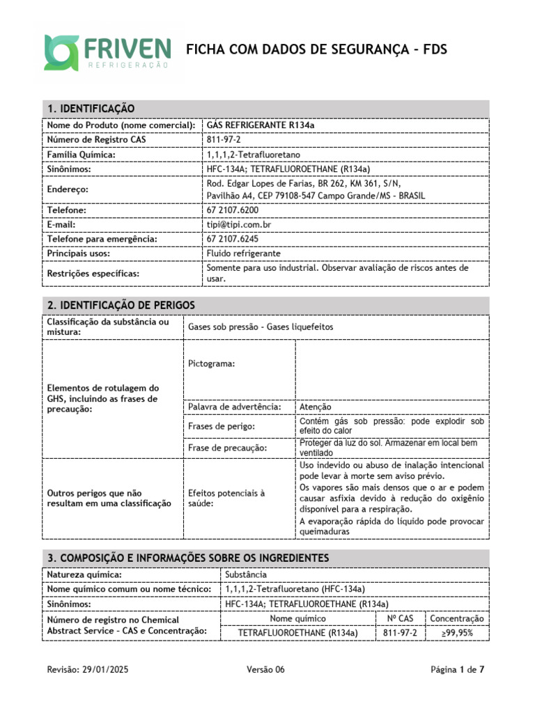 Ficha de Segurança do R134a | PDF | Oxigênio | Combustão