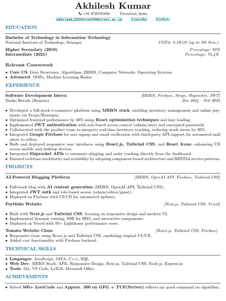 Akhilesh Kumar: Software Developer Resume | PDF | Web Development ...