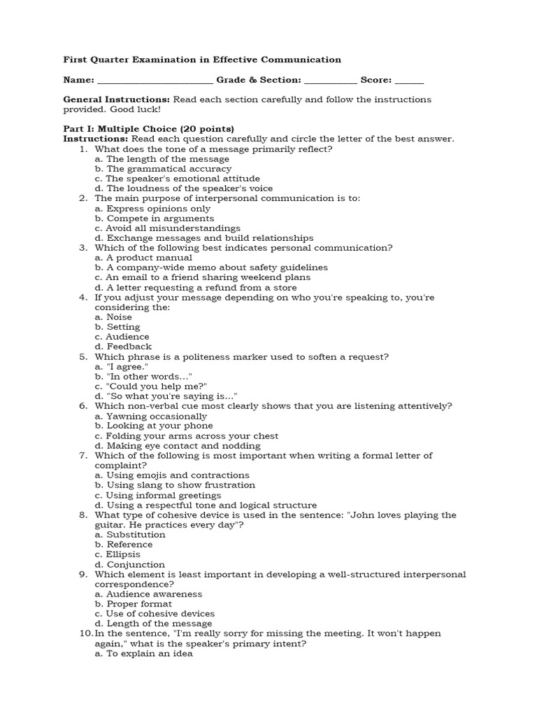 Effective Communication Exam Questions | PDF | Communication ...