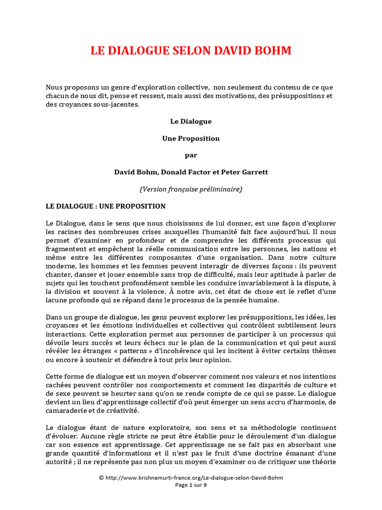 Dialogue et pensée selon David Bohm | PDF | la perception | Émotions